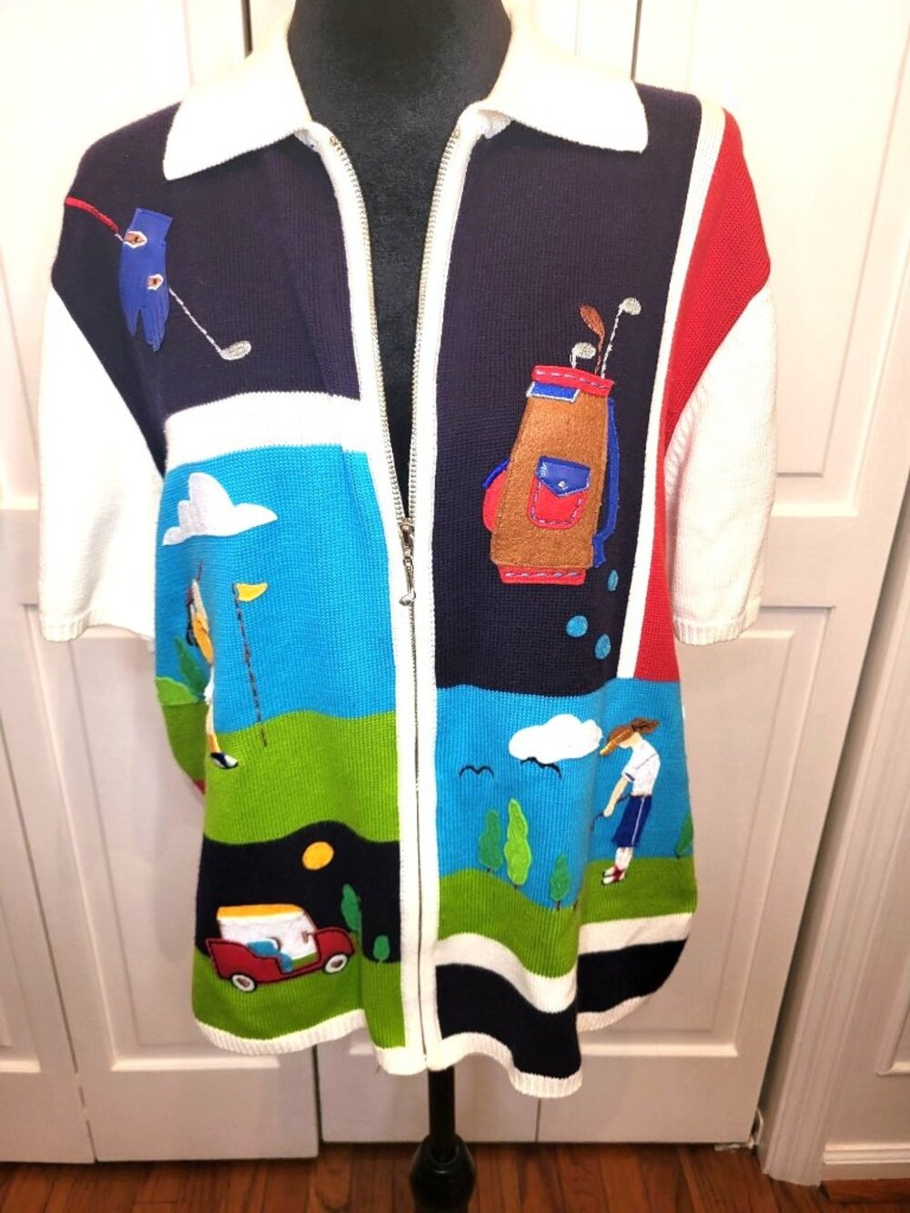Vintage 90s Lisa Intl Golf Theme Polo Zip Cardigan L Applique Preppy Golfer